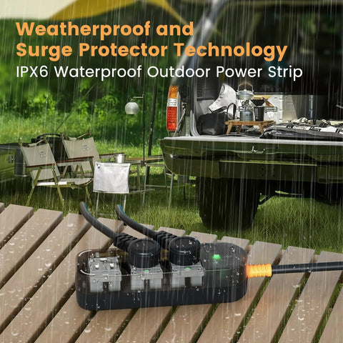 Weatherproof Outdoor Power Strip With 3 Outlets, 6 Ft Extension Cord, Waterproof Surge Protector 1625W 13A For Camping