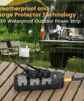 All Weather Outdoor Power Strip With 10 Foot Extension Cord, Waterproof Surge Protector With 3 AC Outlets, 1625W Overload Protection, Built Tough For Camping, Home, Office And Garden, IPX6 Rated, UL Listed on wet outdoor table