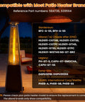 Outdoor patio heater with visible burner, compatible brands list, evening setting