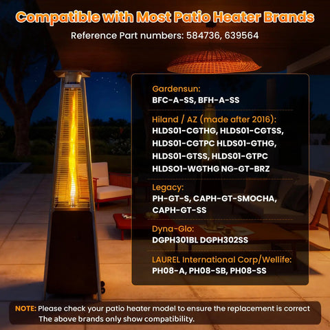 Outdoor patio heater with visible burner, compatible brands list, evening setting