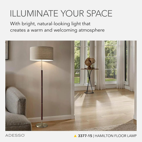 Oak Veneer Floor Lamp With Off White Fabric Shade, 3 Way Dimming For Bedroom And Living Room in modern interior setting.