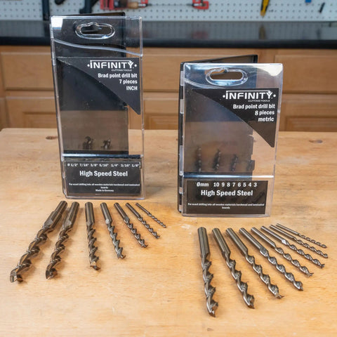Brad Point Drill Bit Set With Center Point For Accurate Holes And Clean Edges, Scoring Spurs, Imperial And Metric Options shown