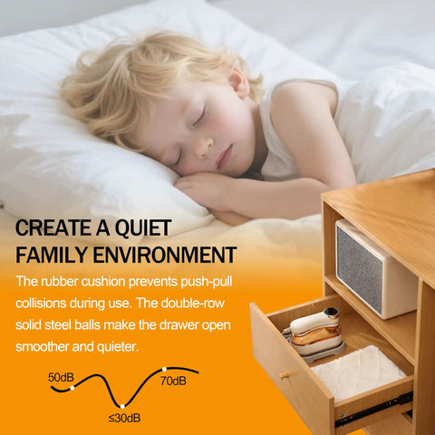 Child sleeping beside a dresser with an open drawer, illustrating the benefits of Two Pairs Of 12 Inch Heavy Duty Drawer Slides With Three Section Full Extension Ball Bearing Glide Side Mount Soft Close 100 Lb Capacity For Dresser Cabinet And Kitchen.