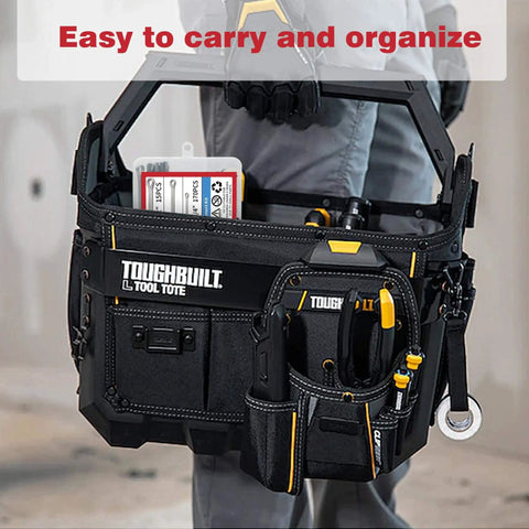 Person holding a TOUGHBUILT tool tote filled with tools, labeled 'Easy to carry and organize', against a light background.