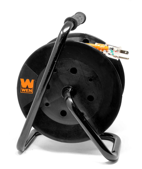50 Ft Outdoor Extension Cord Reel With Lighted NEMA 5 15R Outlet 14 Gauge 3 Wire SJTW Heavy Duty Cable Weather Resistant With Built In Storage Reel Ideal For Yard Garage Construction Site And DIY Projects