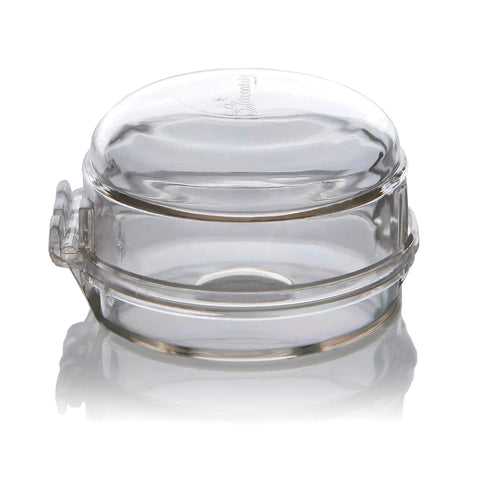 Clear Stove And Oven Knob Safety Cover Set L730A, single cover shown, side angle, protects kids, prevents stove knobs from turning.