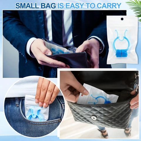 Nosebleed Quick Stop Clip Set with 16 plastic foam clips in pouches shown in pocket and purse for easy carrying.