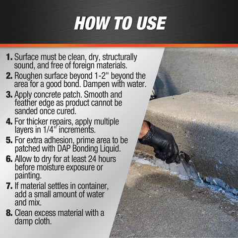 Instructions for Concrete Repair Patch For Cracks And Mortar In Gray 32 Oz Will Not Sink Or Shrink Pro Grade DIY Friendly Cement Repair