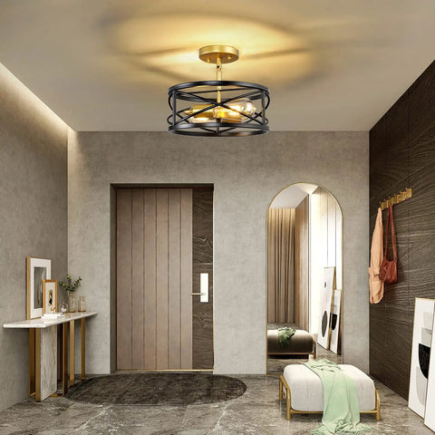 Modern industrial farmhouse drum cage style semi flush mount ceiling light fixtures with two lights, black and gold finish in hallway.