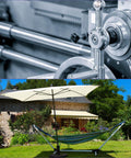 Metal machinery component with stainless steel handles; outdoor garden hammock and umbrella near a stone house