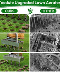 Comparison of Manual Lawn Aerator With Four Stainless Steel Plug Tines and a standard aerator, showing soil cores and aeration effect.