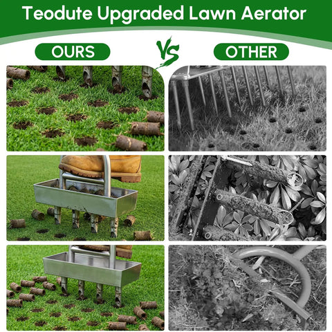 Comparison of Manual Lawn Aerator With Four Stainless Steel Plug Tines and a standard aerator, showing soil cores and aeration effect.