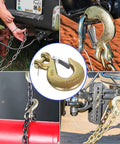 2 Pack Three Eighth Inch Clevis Slip Hooks With Safety Latch G70 Forged Steel Beefy Heavy Duty Tow Hooks in use on trailers
