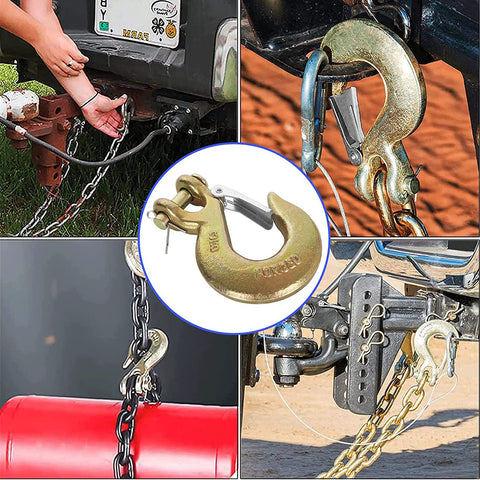 2 Pack Three Eighth Inch Clevis Slip Hooks With Safety Latch G70 Forged Steel Beefy Heavy Duty Tow Hooks in use on trailers