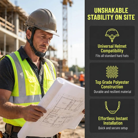 Construction worker using Six Pack Built Tough Hard Hat Chin Straps 22 Inch Adjustable Universal Polyester Harness on site.