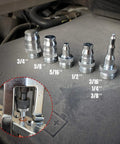 Flaring tool kit adapters: five chrome-plated flare adapters for copper tubing with a clamp-mounted tool visible.
