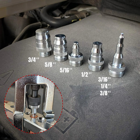 Flaring tool kit adapters: five chrome-plated flare adapters for copper tubing with a clamp-mounted tool visible.