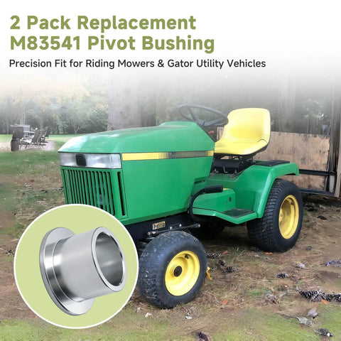 Premium Heavy Duty Steering Pivot Bushing 2 Pack For John Deere X700 X900 Riding Mower with steel construction, shown on mower.