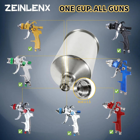Heavy Duty Polished Aluminum Gravity Feed Spray Gun Paint Cup With One Thousand Milliliter Reservoir And No Sweat M16 Thread for use with HVLP guns.