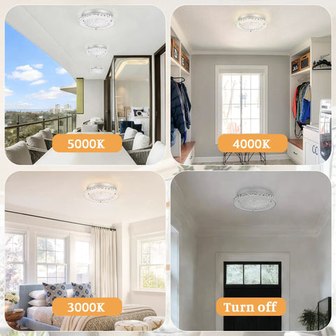 Crystal Ceiling Light Fixture LED Dimmable 11 Inch Flush Mount With 3 Color Temperatures 3000K 4000K 5000K in different rooms