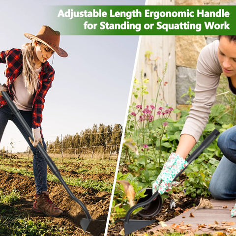 Two people using a Long Handle 59 Inch Triangle Garden Hoe With V Blade For Deep Trenches in garden and field settings.