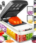 All In One Vegetable Chopper And Mandoline Slicer With Built In Catcher Cheese Grater Onion Cutter And Dicer Kitchen Gadget Set in use with vegetables