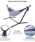 Double Outdoor Hammock With Stand And Carry Bag For Travel Or Backyard Lightweight Portable Setup With Powder Coated Steel Frame Blue Stripe Soft Polycotton Fabric
