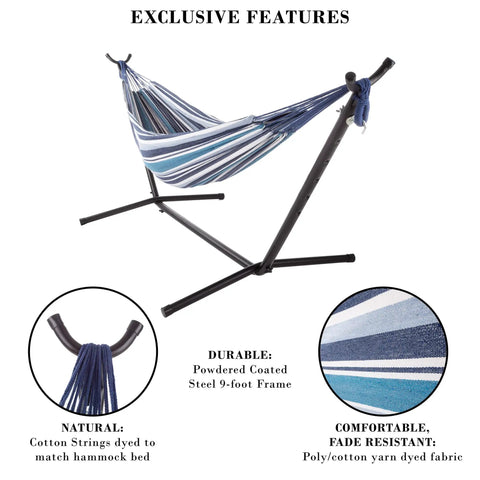 Double Outdoor Hammock With Stand And Carry Bag For Travel Or Backyard Lightweight Portable Setup With Powder Coated Steel Frame Blue Stripe Soft Polycotton Fabric