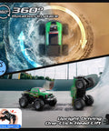 Amphibious RC Monster Truck Boat with IPX7 waterproof showing 360-degree rotation on sand and head lift on concrete ramp.