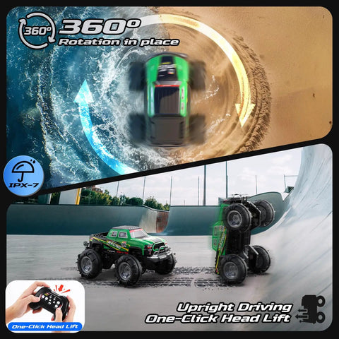 Amphibious RC Monster Truck Boat with IPX7 waterproof showing 360-degree rotation on sand and head lift on concrete ramp.