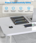 2 Inch Desk Power Grommet Outlet with 20W USB C Fast Charging installed on a table charging a device, safety features displayed