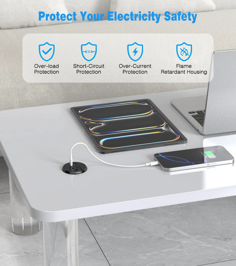 2 Inch Desk Power Grommet Outlet with 20W USB C Fast Charging installed on a table charging a device, safety features displayed