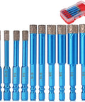 Front view of FASTVENIENT 10‑pc diamond drill bit set for tile; blue hex‑shank bits with diamond tips in red case.