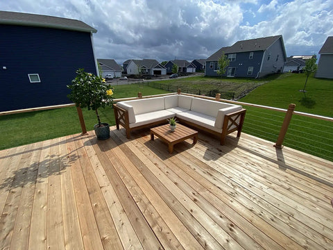 Wooden deck with cable railing secured by Beefy 8 Ton Hydraulic Hand Crimper For Stainless Steel Cable Railing Fittings.
