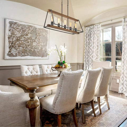 Farmhouse Vibe 5-Light Chandelier For Dining Room And Kitchen Island, Rustic Metal Frame With Open Cage Design above dining table
