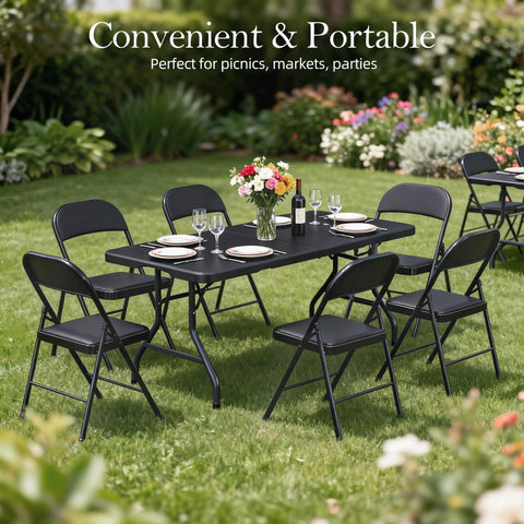 Six Foot Folding Table With Carrying Handle That's Built Tough For Indoor And Outdoor Parties, set up for outdoor picnic.