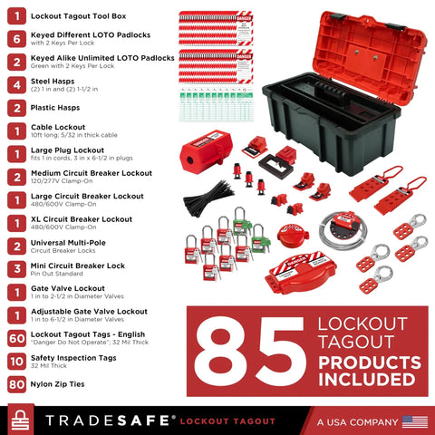 OSHA Compliant Lockout Tagout Kit With 85 LOTO Devices And Durable Toolbox Includes Locks Breaker And Valve Lockouts
