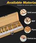 Six Piece Chamfer Router Bit Set With Precision Ball Bearing And Half Inch Shank Heavy Duty Carbide Heads Anti Kickback Design For No Sweat Mounting And Razor Sharp Profiles On Hardwood Cabinet Work displayed in a wooden case with various wood types.
