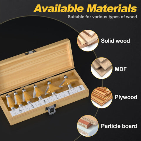 Six Piece Chamfer Router Bit Set With Precision Ball Bearing And Half Inch Shank Heavy Duty Carbide Heads Anti Kickback Design For No Sweat Mounting And Razor Sharp Profiles On Hardwood Cabinet Work displayed in a wooden case with various wood types.