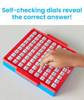 Child using Hands On Subtraction Practice Board With Self Checking Dials For Fun Kid Friendly Math Facts Games For Kindergarten.
