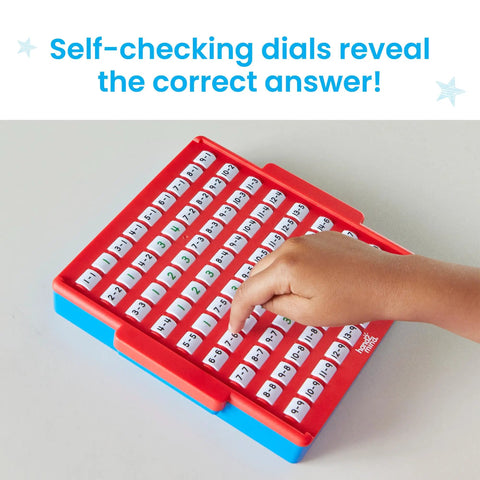 Child using Hands On Subtraction Practice Board With Self Checking Dials For Fun Kid Friendly Math Facts Games For Kindergarten.