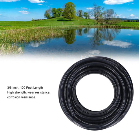 Big Time 100FT 3/8 Inch Air Hose Plus Pond Tubing Kit For Pond Pump And Aerator System Built With Hella Strong PVC Giving Serious Durability And Leak Proof Performance You Really Gonna Dig This Heavy Duty Gear For Any Water Feature At Home. coiled black 3/8 inch 100 ft PVC pond air hose