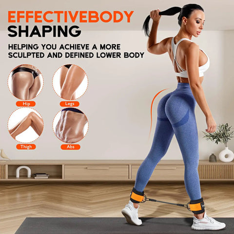 Woman using Ankle Resistance Bands With Cuffs For Leg And Glute Workouts Adjustable 10 20 30 Lb Tension Ankle Straps at home.