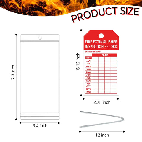 Clear Fire Extinguisher Inspection Tag Covers 3.4 x 7.3 Inch Handy Pack With Tamper Seals Galvanized Wire And Service Tags For Indoor Outdoor Safety Checks 50 Pack Waterproof Resealable Tags dimensions illustration