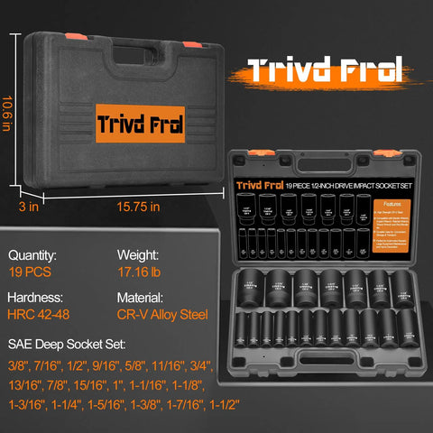 Impact Socket Set 1/2 Inch Drive Deep Sockets From 3/8 Inch To 1-1/2 Inch, 19 Piece Cr-V Steel With Double Lock Case, open view