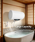 Rock Solid Seventy Liters Electric Tank Water Heater Kick Some Serious Heat With Wall Mount Bracket, installed in modern bathroom.