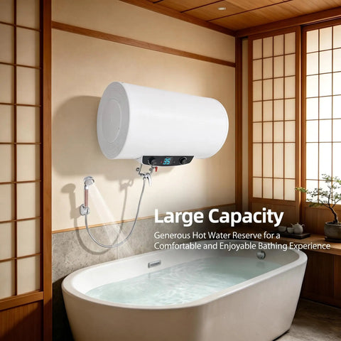 Rock Solid Seventy Liters Electric Tank Water Heater Kick Some Serious Heat With Wall Mount Bracket, installed in modern bathroom.