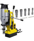 Rugged Magnetic Drill Press With A Sick Annular Cutter Kit And Tungsten Carbide Bits, heavy-duty design and multiple bits for fast metal drilling.