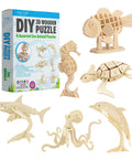 Six Piece DIY 3D Wooden Sea Animal Puzzle Bundle, Shark, Dolphin, Turtle, Octopus, Seahorse, Clownfish, Easy Punch Out, No Glue, Safe Non Toxic STEM Toy For Kids And Adults, Fun And Educational, assembled wooden sea animals