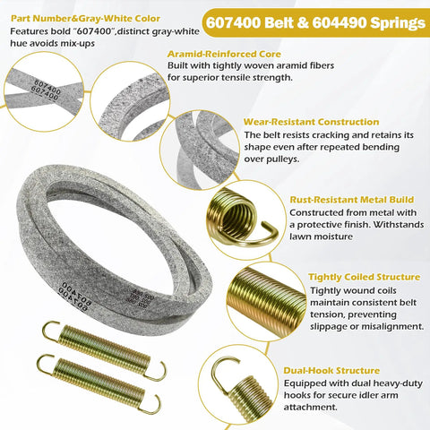 Pump Drive Belt Gray White 50.75 Inch With Two 604490 Tensioner Springs Replacement Kit For Raptor SD SDX Limited MDV Zero Turn Mowers Replaces 603907 607400 A 14939 265-6, belt and springs